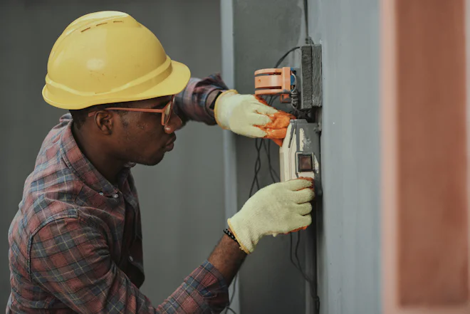 Eletricista com capacete e luvas fazendo manutenção em quadro elétrico